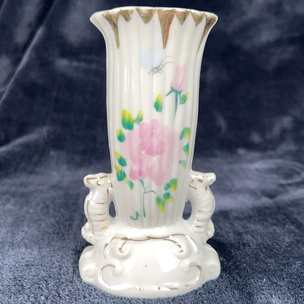 Vintage 1950s Porcelain Vase White Floral Gold Trim Made in Japan 5” Mid Century